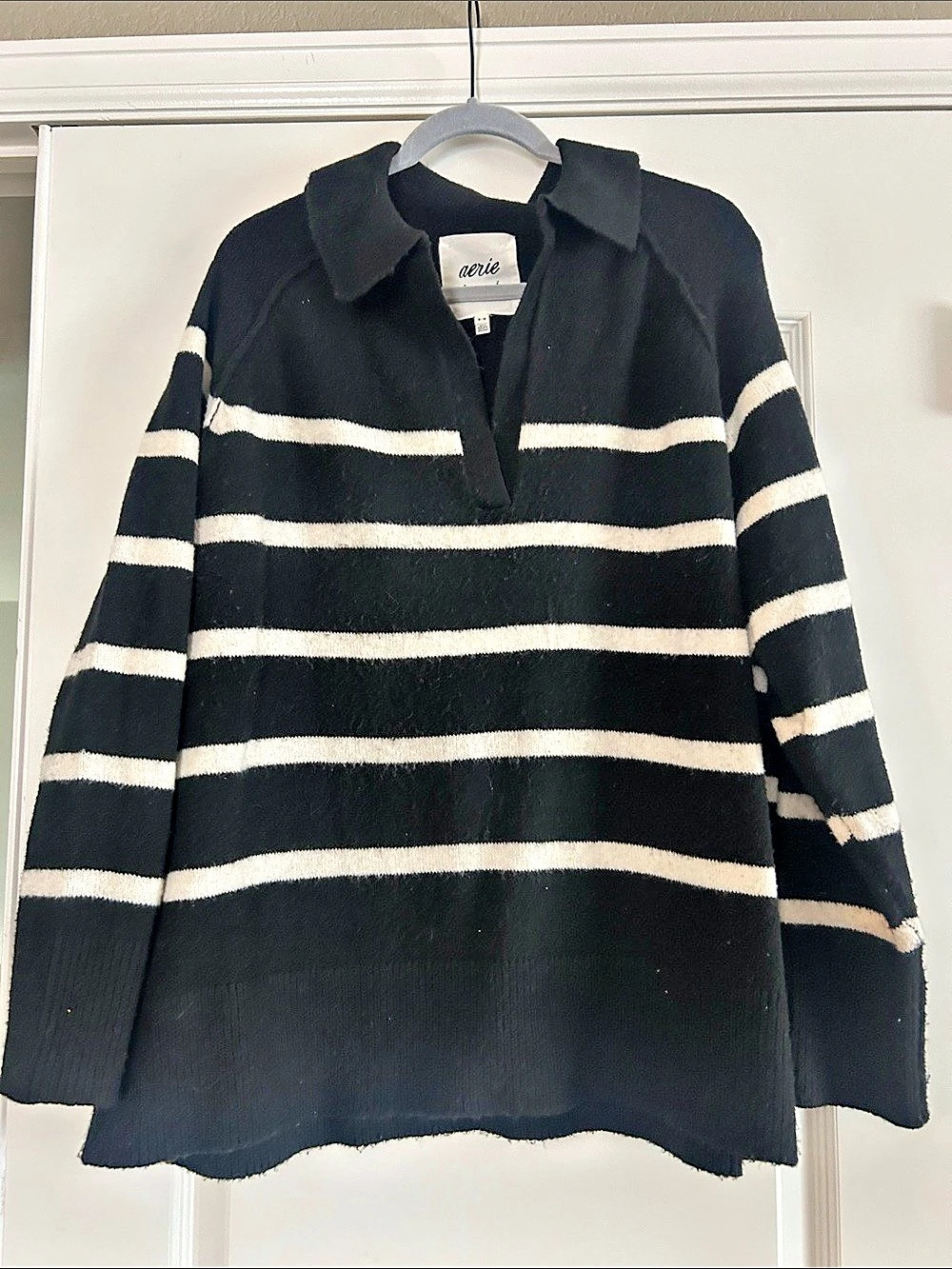 Aerie unREAL Polo Sweater Striped Black & White Medium